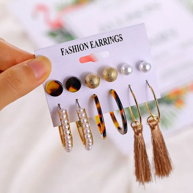 2020 Vintage Pearl Twist Big Circle Earrings Set for Women Fashion Geometric Imitation Pearl Crystal Earrings Jewelry