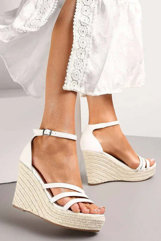 3 Straps Jute High Wedges Sandals