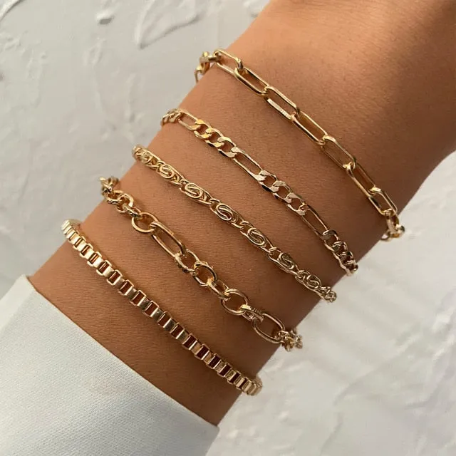 5 Pcs/Set Punk Gold Crystal Thick Chain Bracelet Bohemian Geometric Chain OT Buckle Bracelet Set Jewelry Girl Party Gift