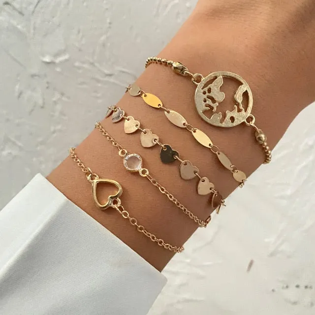 5 Pcs/Set Punk Gold Crystal Thick Chain Bracelet Bohemian Geometric Chain OT Buckle Bracelet Set Jewelry Girl Party Gift