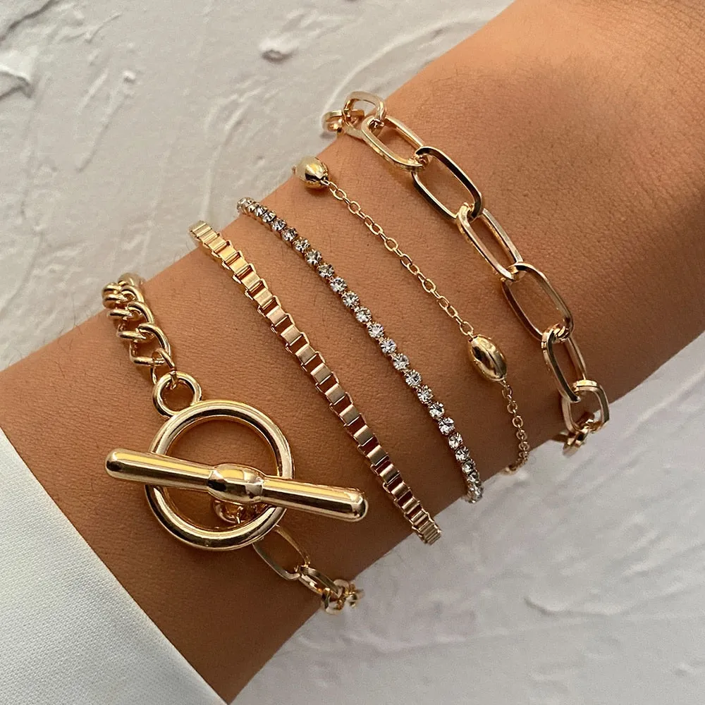 5 Pcs/Set Punk Gold Crystal Thick Chain Bracelet Bohemian Geometric Chain OT Buckle Bracelet Set Jewelry Girl Party Gift