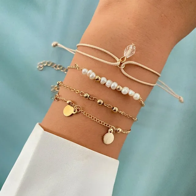 5 Pcs/Set Punk Gold Crystal Thick Chain Bracelet Bohemian Geometric Chain OT Buckle Bracelet Set Jewelry Girl Party Gift