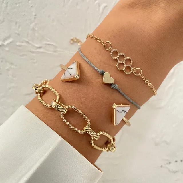 5 Pcs/Set Punk Gold Crystal Thick Chain Bracelet Bohemian Geometric Chain OT Buckle Bracelet Set Jewelry Girl Party Gift