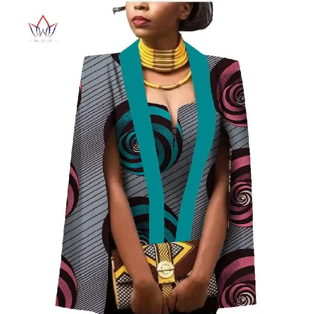 African Women Clothing Full Sleeve Cape Coat Dress Suit African Tops 2 Piece Set Party Dresses