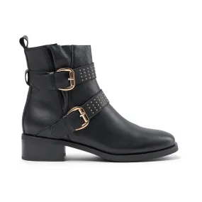 Amy Buckles Leather Boot - BLACK