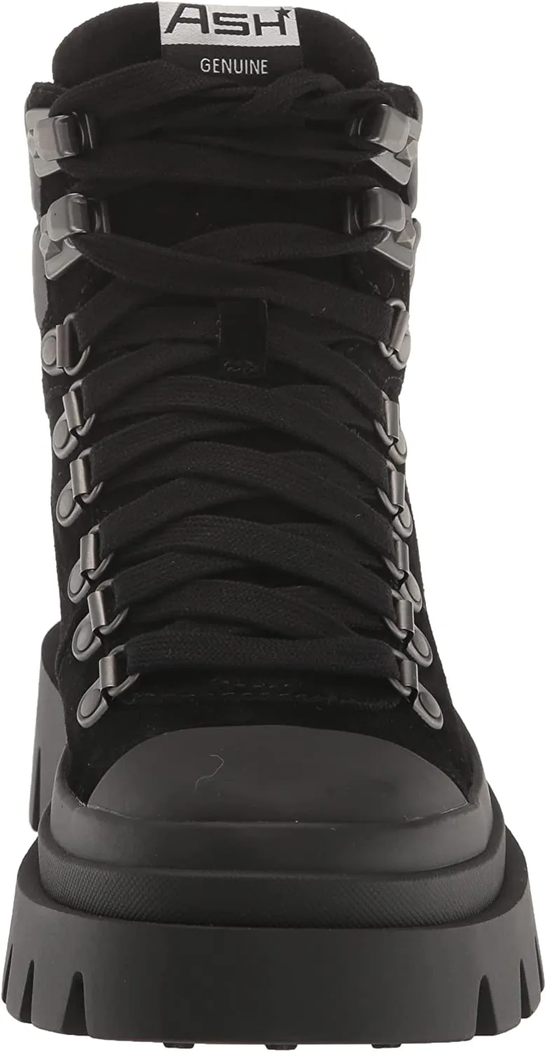 Ash Black Leather Lace Up Hiking Lug Sole Combat Fashion Ankle Boots