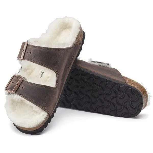 BIRKENSTOCK ARIZONA SHEARLING OILED LEATHER SLIDES_ WOMEN