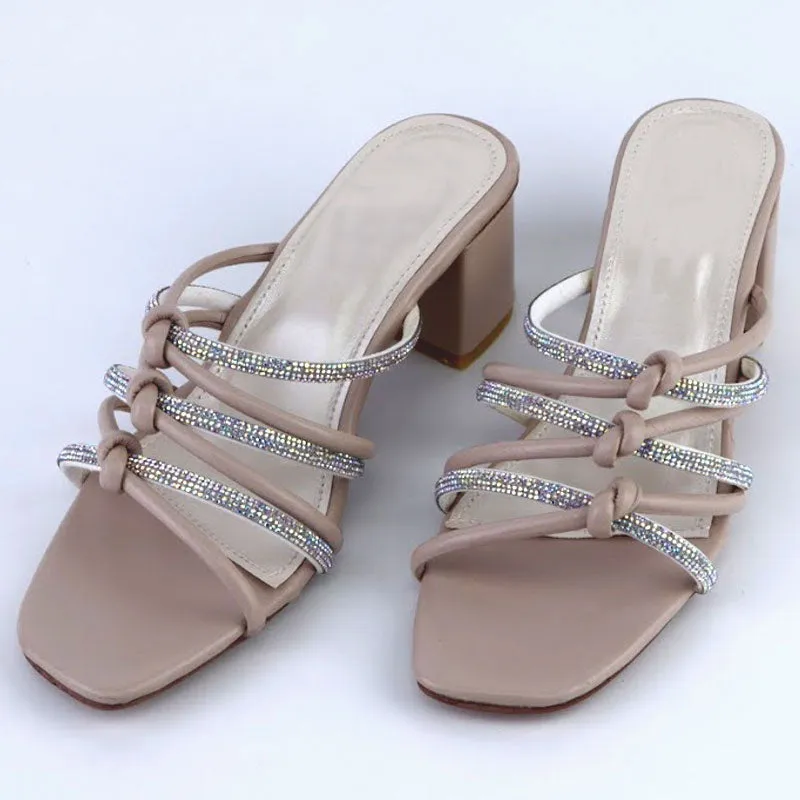 Criss Cross Knot Rhinestone Strap Women Chunky Heels Causal Sandal