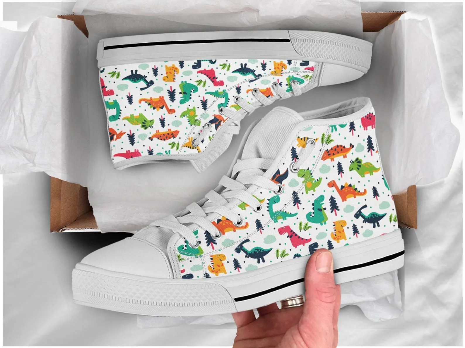 Dinosaur Shoes Dinosaur Print Sneakers Cute Shoes Dinosaur Lover Gifts Custom High Top Converse Style Sneakers For Adults Women & Men