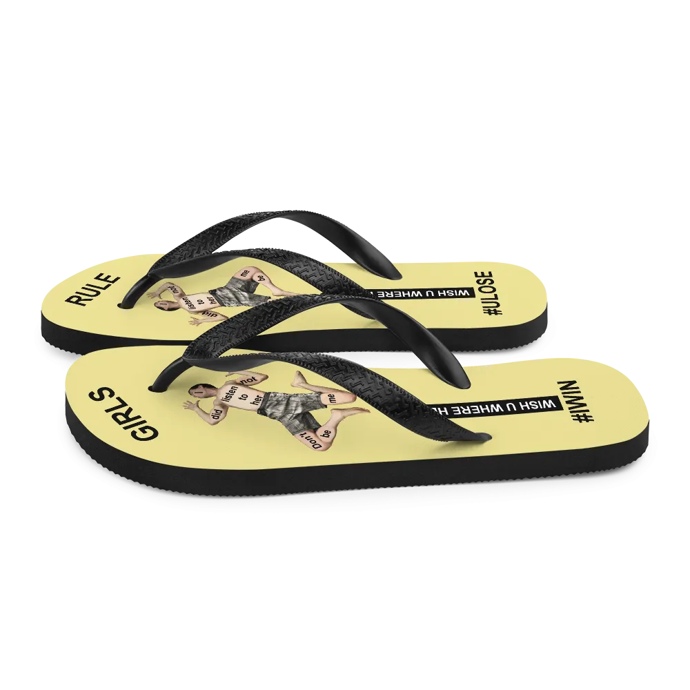 GIRLS RULE flip flops with CRUSHED TINY MAN underfoot pale yellow fabric NEW (2020-05-10)