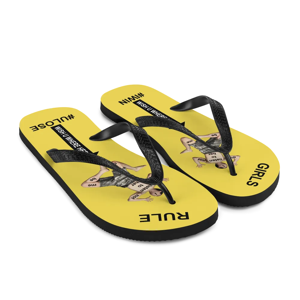 GIRLS RULE flip flops with CRUSHED TINY MAN underfoot yellow fabric NEW (2020-05-10)