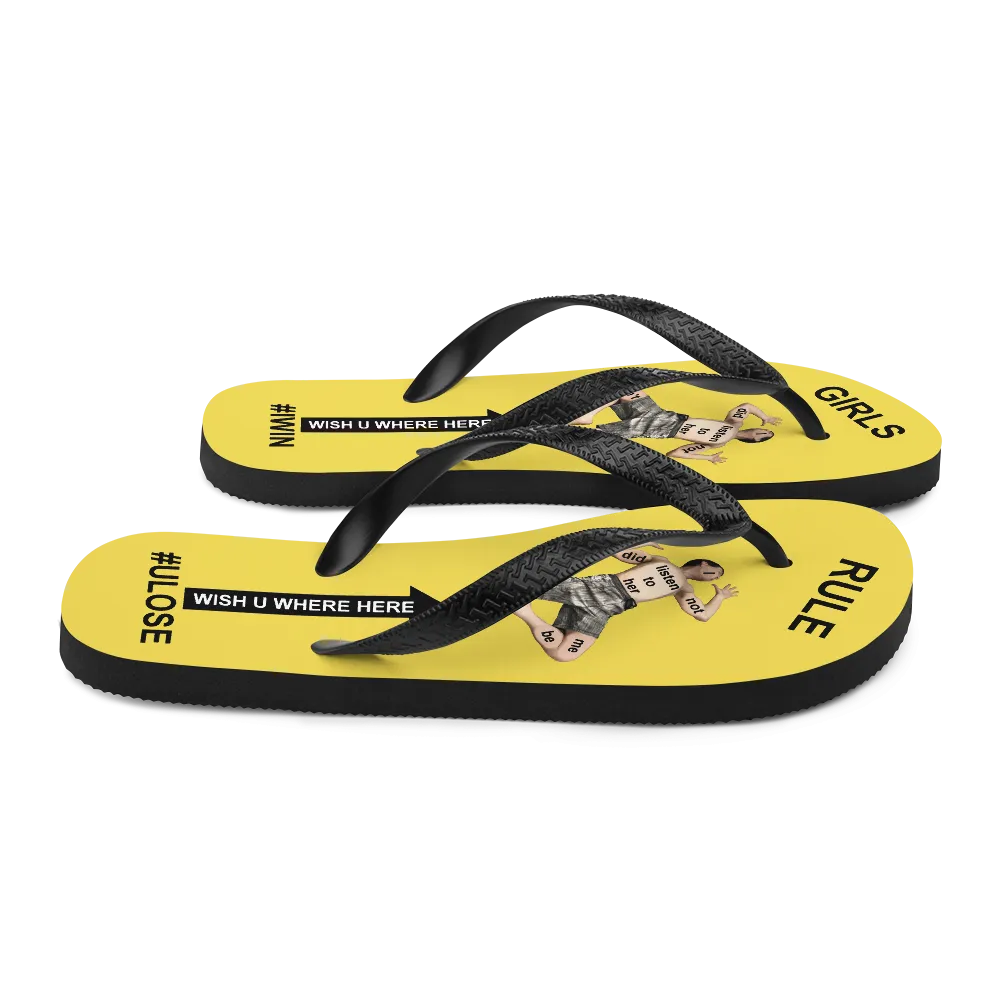 GIRLS RULE flip flops with CRUSHED TINY MAN underfoot yellow fabric NEW (2020-05-10)