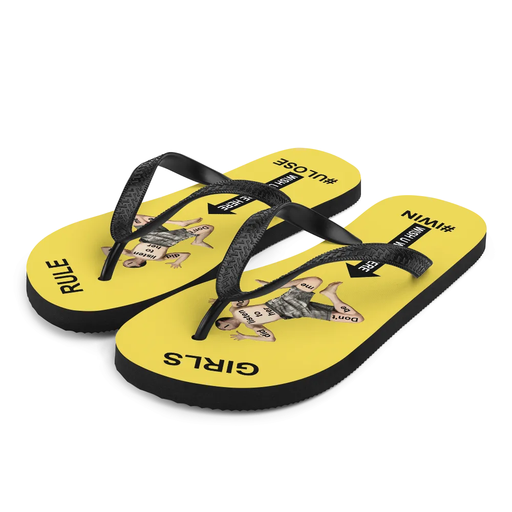 GIRLS RULE flip flops with CRUSHED TINY MAN underfoot yellow fabric NEW (2020-05-10)