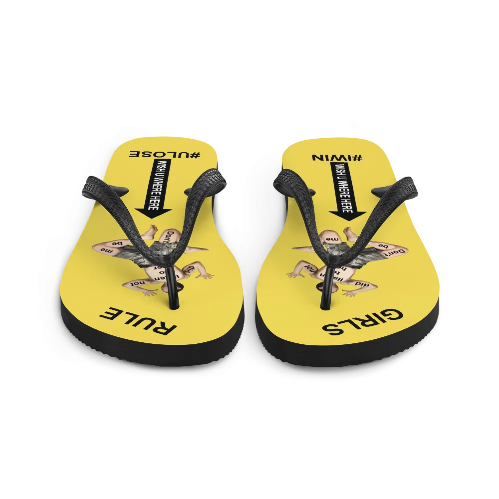 GIRLS RULE flip flops with CRUSHED TINY MAN underfoot yellow fabric NEW (2020-05-10)