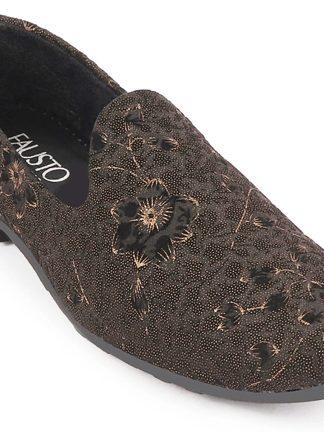 Men Black Floral Print Embellish Design Ethnic Wedding Party Pom Slip on Shoes