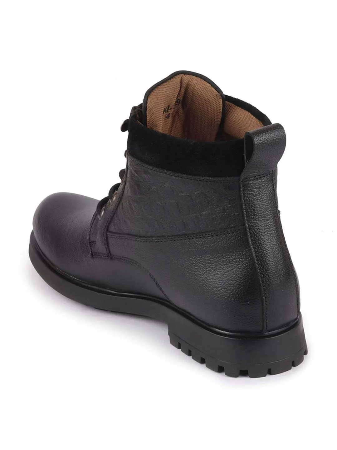 Men Black Leather Lace Up Mid Top Boots