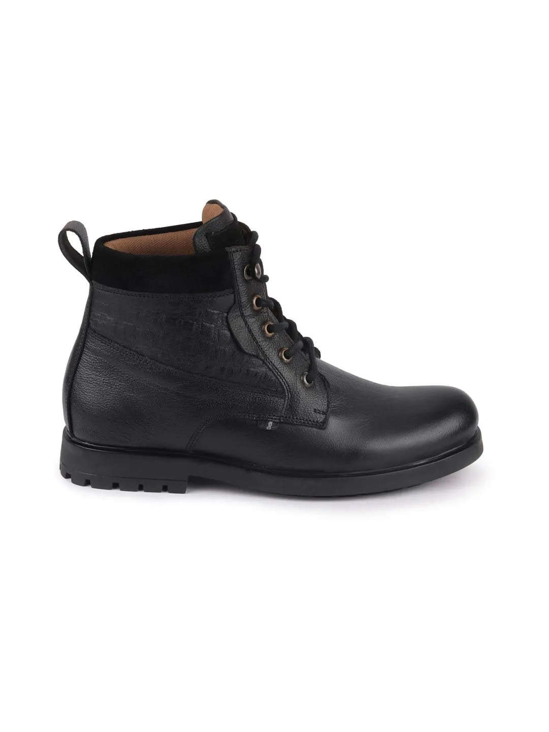 Men Black Leather Lace Up Mid Top Boots