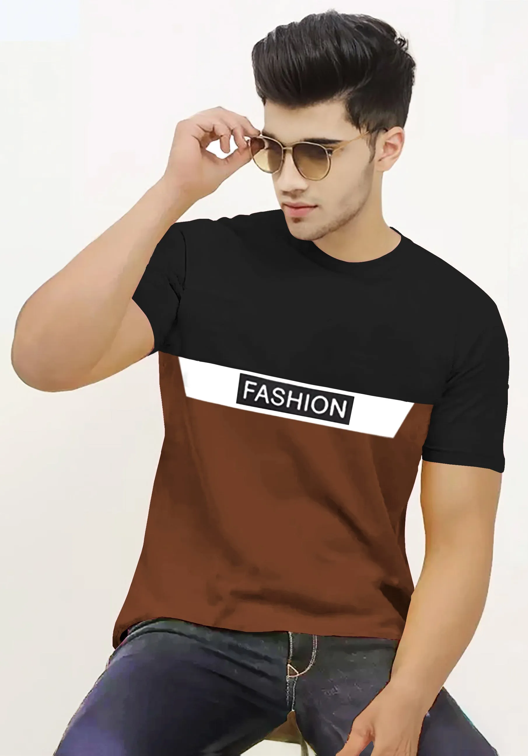 Men Colorblock Round Neck Cotton Blend Black, Brown, White T-Shirt