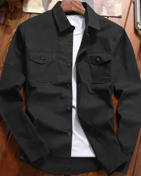 Men Double Pocket Black Full Hand Shirt