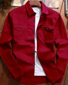 Men Double Pocket Red Full Hand Shirt