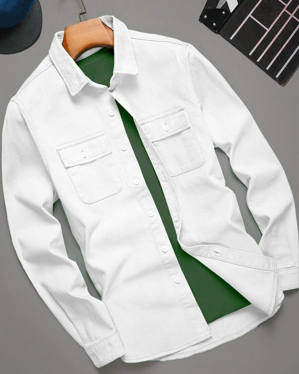 Men Double Pocket White Full Hand Shirt