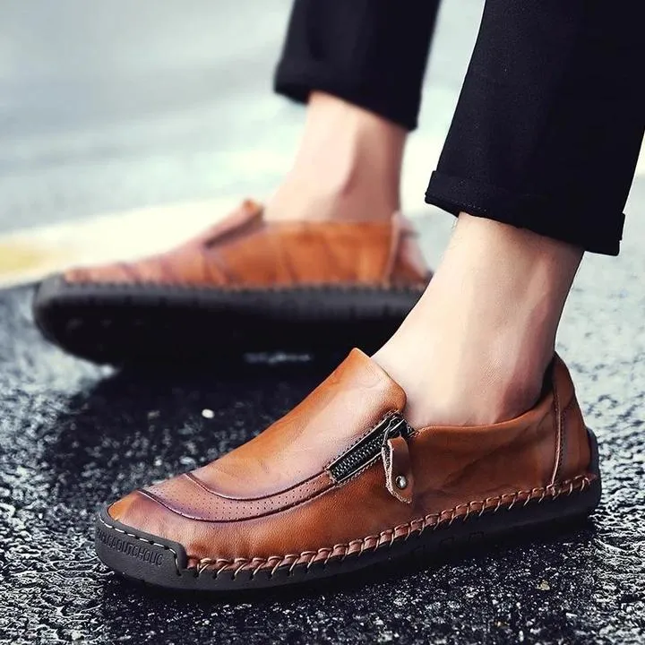 Men Hand Stitching Zipper Slip-ons Leather Loafers