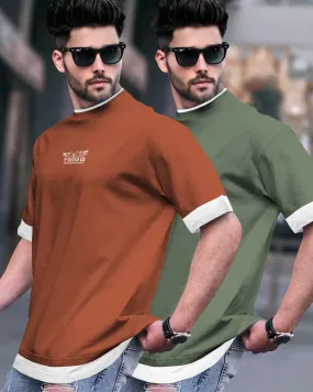 (pack of 2) men Drop Shoulder T-SHIRT | brown & olivegreen