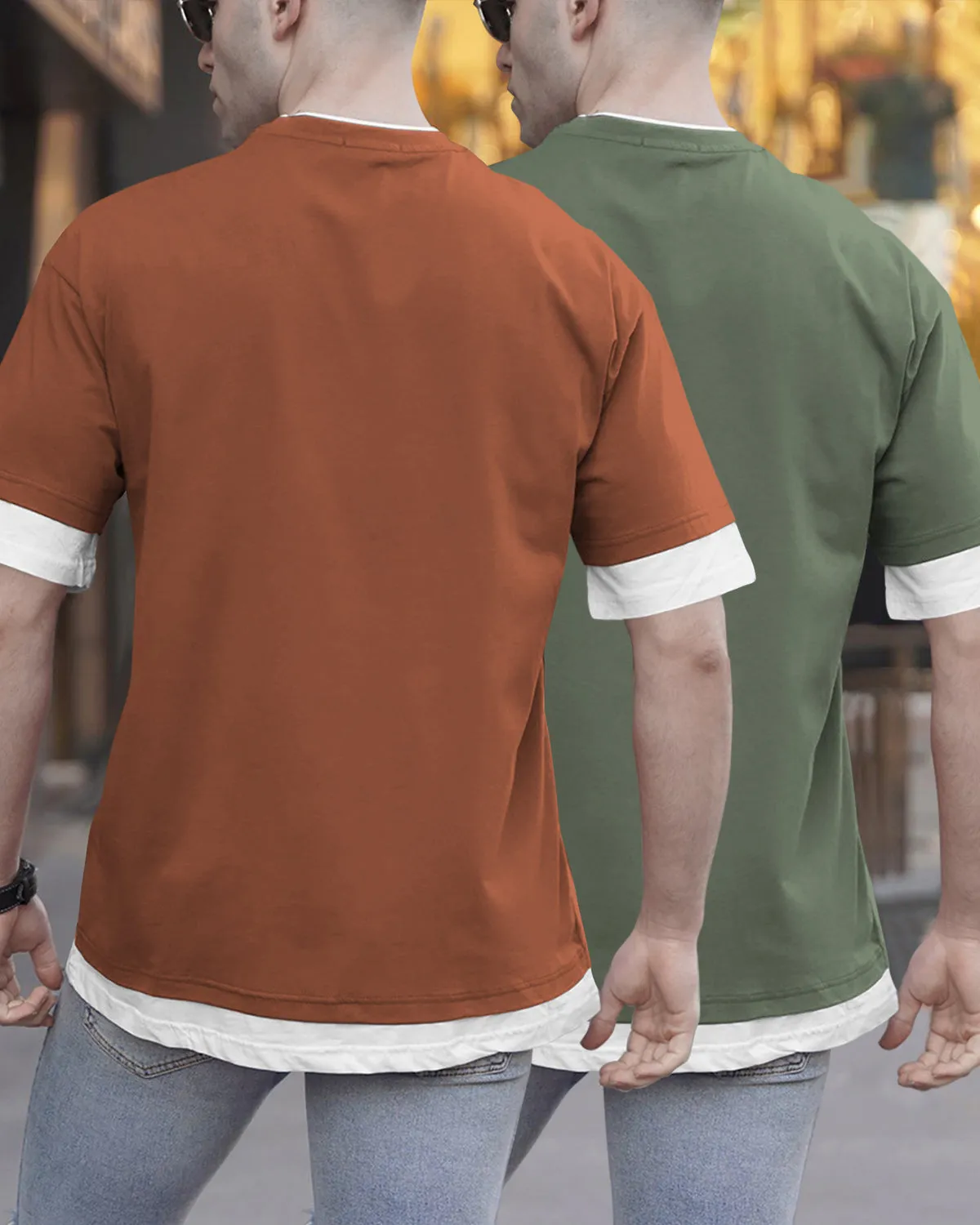 (pack of 2) men Drop Shoulder T-SHIRT | brown & olivegreen