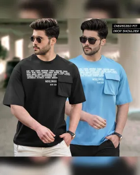 (Pack of 2) Men Oversized T-Shirt With Flap Pocket | Black & Skyblue