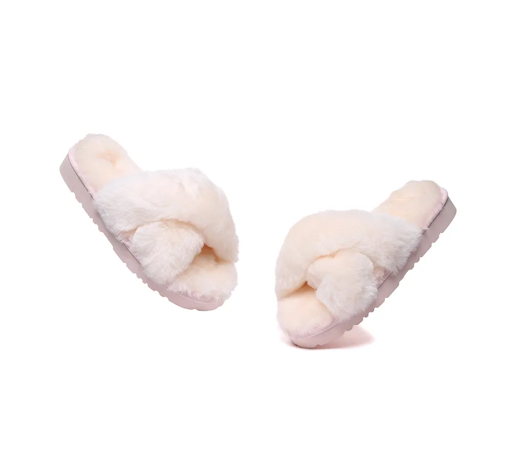 UGG Fluffy Slides Women Sheepskin Wool Crossover Sandals Leanna