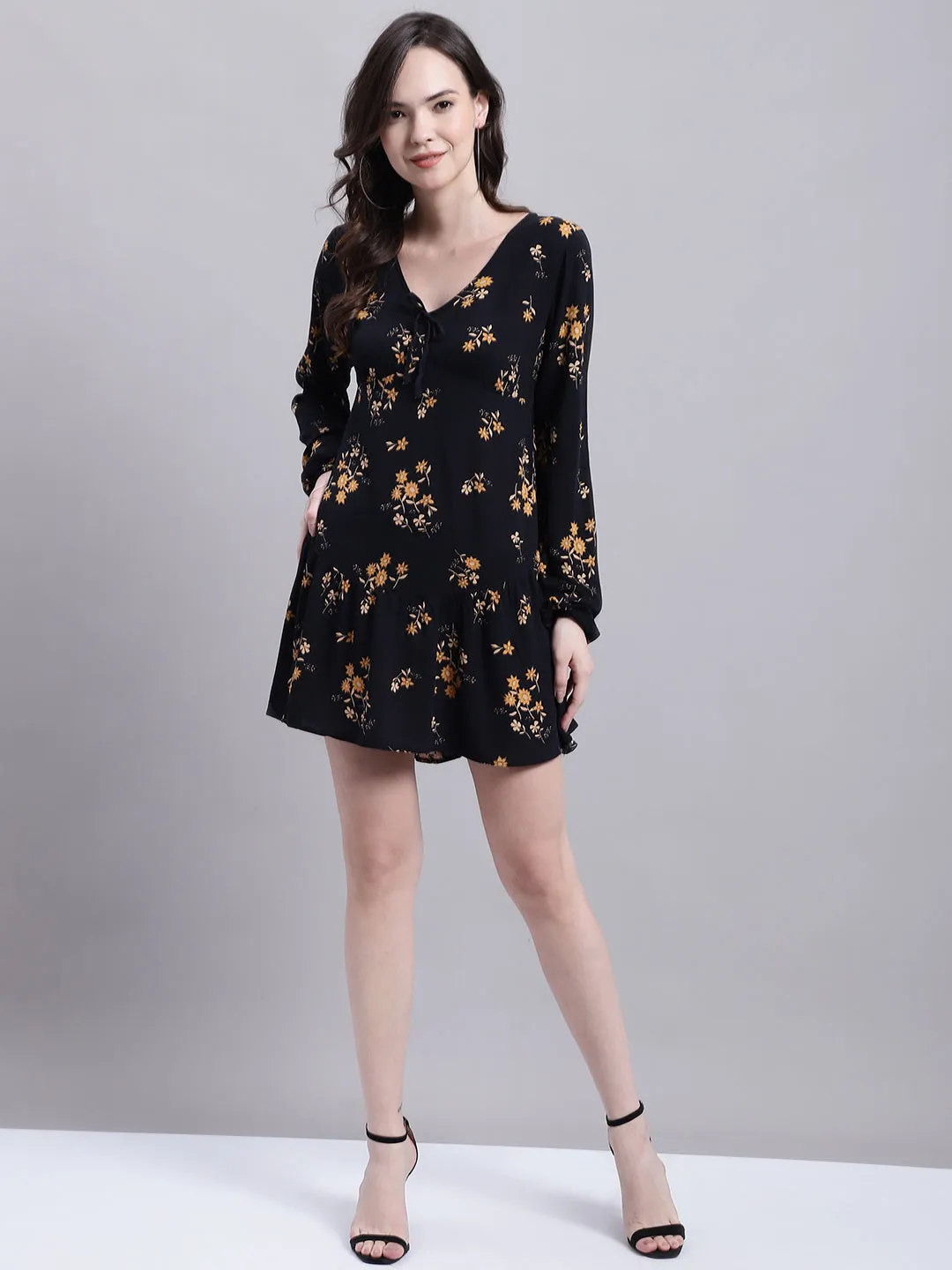 Women Black Floral Skater Dress