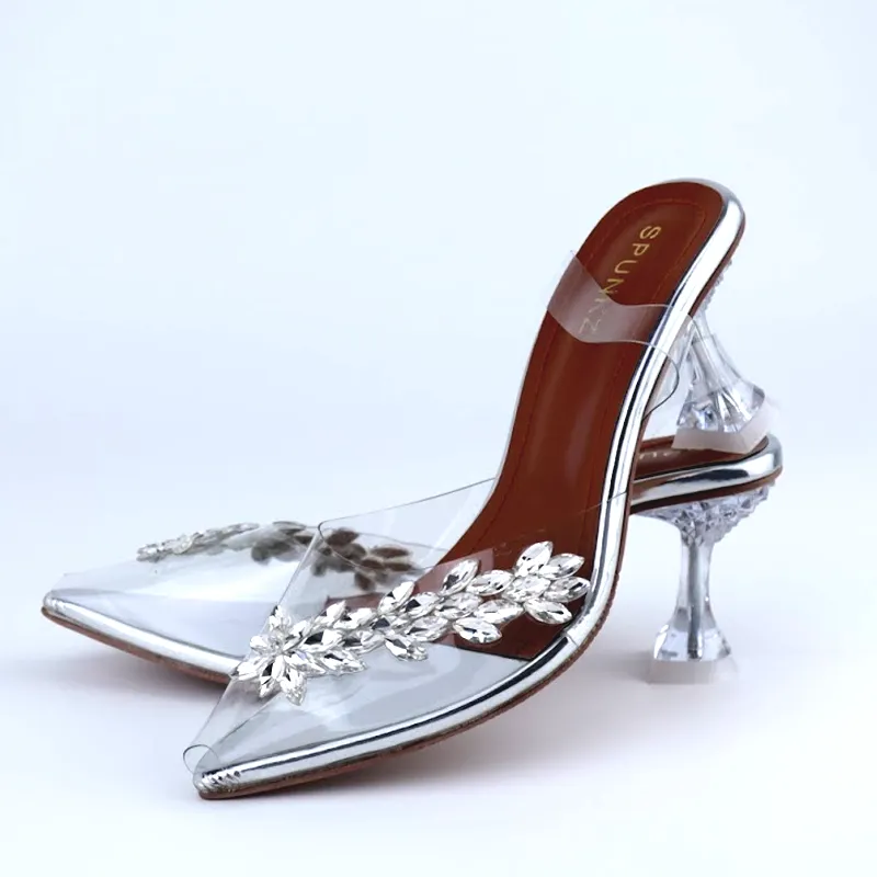 Women’s Transparent Slingback Flower Rhinestone Peep Toe Heels Sandals